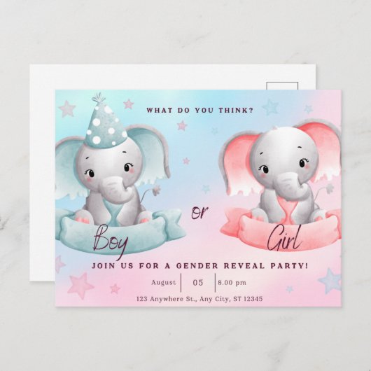 Geslacht onthullen partij, hij of zij briefkaart (Voorkant / Achterkant)