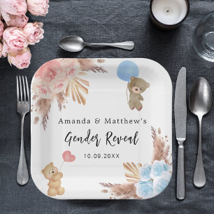 Geslacht onthullen partij pampas teddy beer jongen papieren bordje