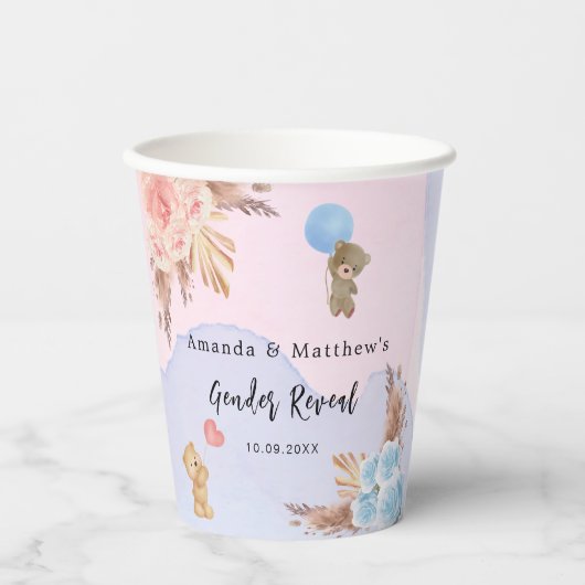 Geslacht onthullen partij pampa's teddybeer roze b papieren bekers (Voorkant)