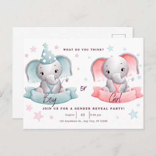 Geslacht onthullen partij schattige olifant, hij o briefkaart (Voorkant / Achterkant)