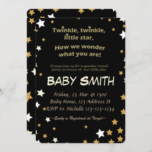 Geslacht onthullen partij, Twinkle Twinkle kleine  Kaart (Voorkant / Achterkant)