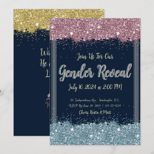 Geslacht onthullen Party uitnodiging Blauw & Roze  (Voorkant / Achterkant)