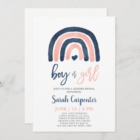 Geslacht onthullen regenboogmarine blauw en roze d kaart (Voorkant / Achterkant)