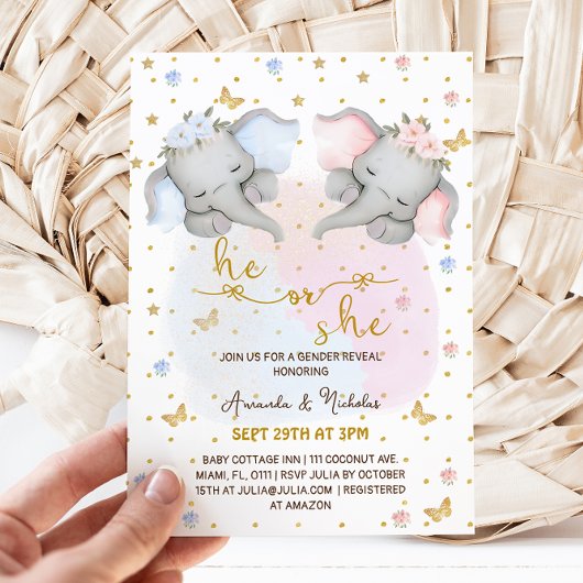 Geslacht onthullen roze blauw bloemenolifant kaart