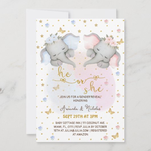 Geslacht onthullen roze blauw bloemenolifant kaart (Voorkant)
