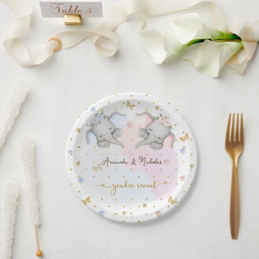 Geslacht onthullen roze blauw bloemenolifant papieren bordje (Huwelijk)