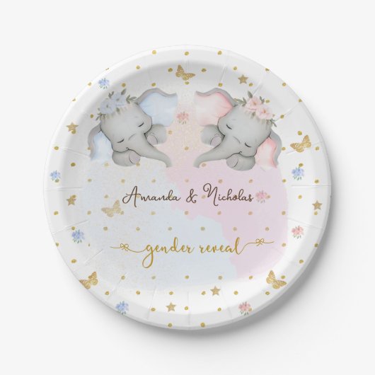 Geslacht onthullen roze blauw bloemenolifant papieren bordje (Voorkant)