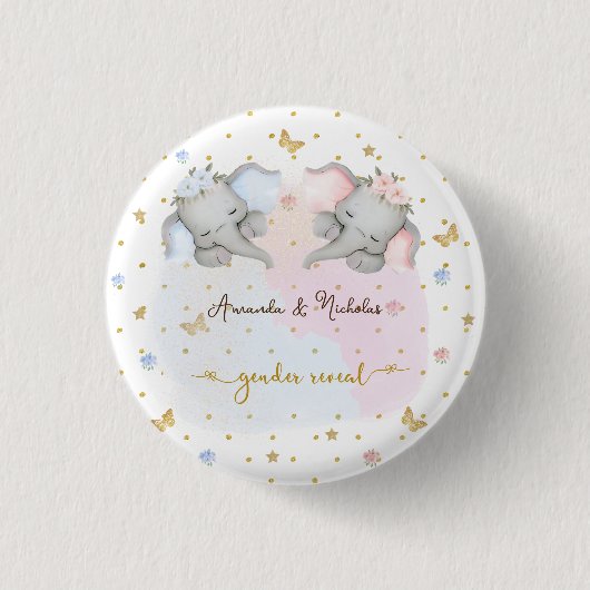 Geslacht onthullen roze blauw bloemenolifant ronde button 3,2 cm (Voorkant)