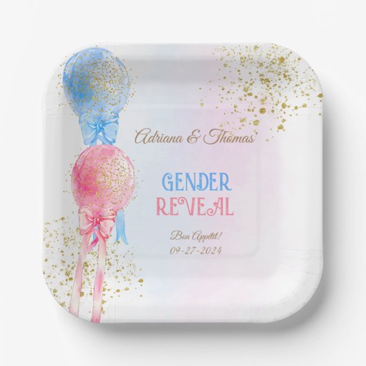 Geslacht onthullen roze en blauwe ballonnen papieren bordje (Voorkant)