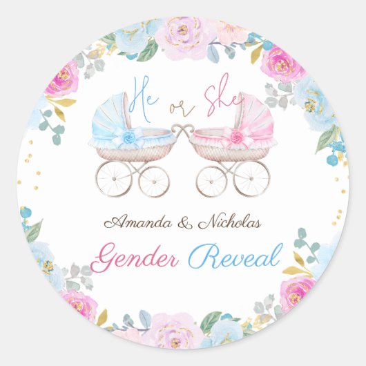 Geslacht Onthullen Schattige Bloemen Roze Blauw Ronde Sticker (Voorkant)