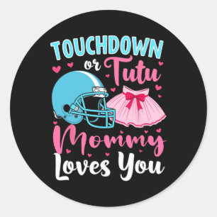 Geslacht onthullen touchdown of tutu mama houdt va ronde sticker
