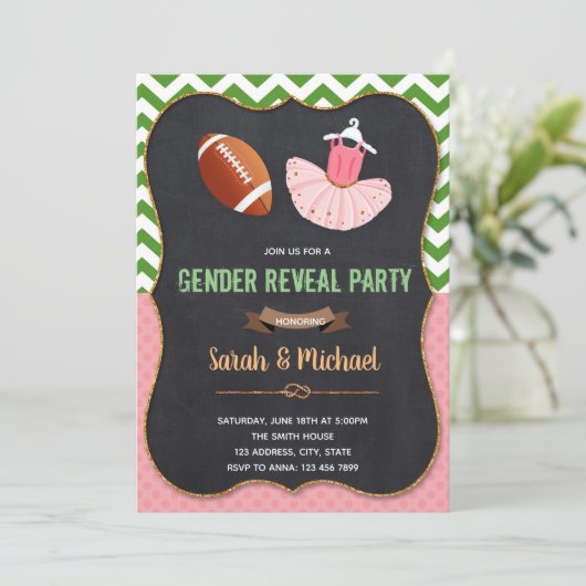 Geslacht onthullen touchdown of tutu uitnodiging (Staand voorkant)
