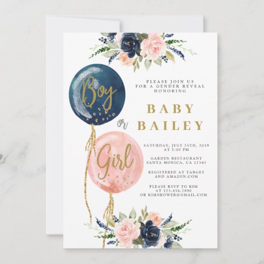 Geslacht onthullen uitnodiging baby shower, ballon (Voorkant)
