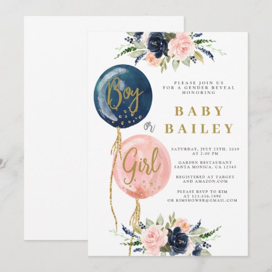 Geslacht onthullen uitnodiging baby shower, ballon (Voorkant / Achterkant)