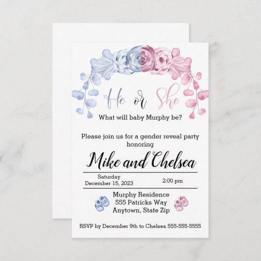 Geslacht onthullen uitnodiging, Hij of zij Bedankkaart (Voorkant / Achterkant)