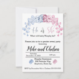 Geslacht onthullen uitnodiging, Hij of zij Bedankkaart