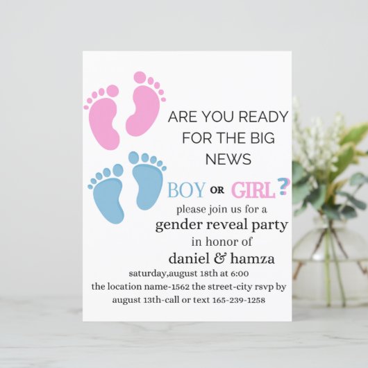 Geslacht onthullen uitnodiging, hij of zij nodigen (Staand voorkant)