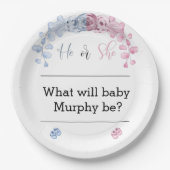 Geslacht onthullen uitnodiging, Hij of zij Papieren Bordje (Voorkant)