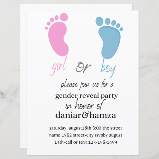 Geslacht onthullen uitnodiging, jongen of meisje,  (Voorkant / Achterkant)