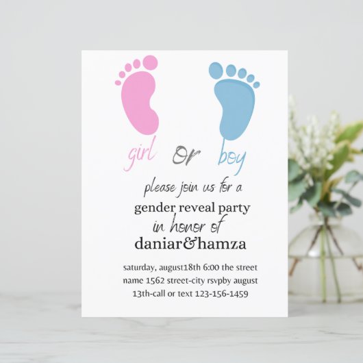 Geslacht onthullen uitnodiging, jongen of meisje,  (Staand voorkant)