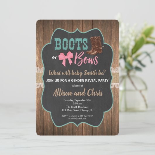 Geslacht onthullen uitnodigingen en bogen (Staand voorkant)