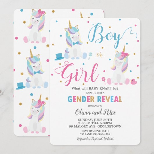 Geslacht onthullen Unicorn Boy of Girl Geslacht Kaart (Voorkant / Achterkant)