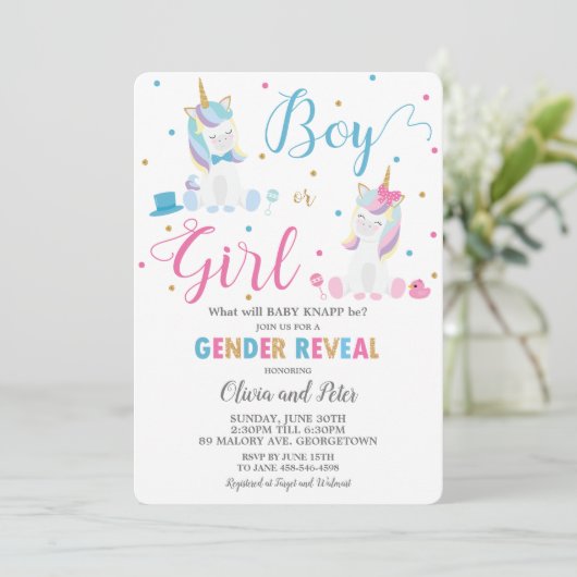 Geslacht onthullen Unicorn Boy of Girl Geslacht Kaart (Staand voorkant)