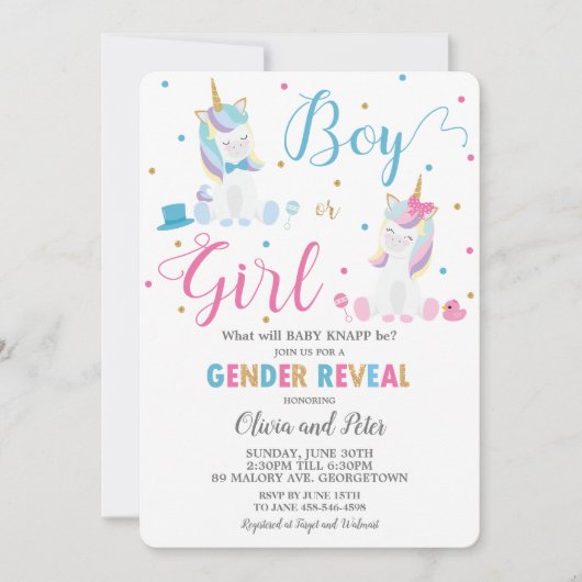 Geslacht onthullen Unicorn Boy of Girl Geslacht Kaart (Voorkant)