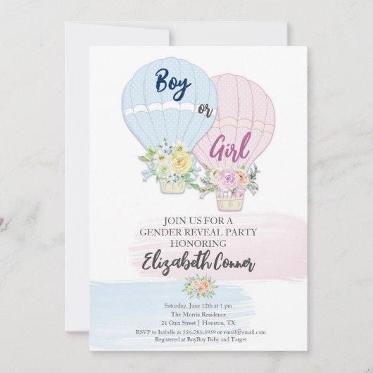 Geslacht onthullen Waterverf Hot Baloons Invitatio Kaart (Voorkant)