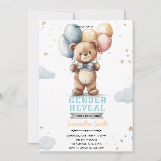 Geslacht onthullende beer babyshower uitnodiging (Voorkant)