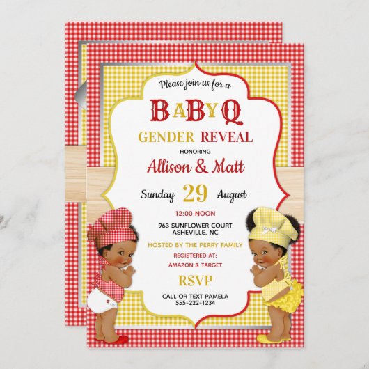 Geslacht onthulling Baby Q BBQ Red Yellow Gingham Kaart (Voorkant / Achterkant)
