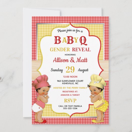 Geslacht onthulling Baby Q BBQ Red Yellow Gingham Kaart (Voorkant)