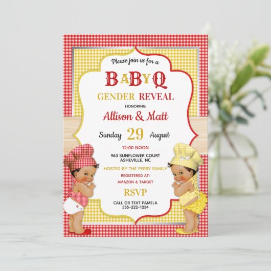 Geslacht onthulling Baby Q BBQ Red Yellow Gingham Kaart (Staand voorkant)