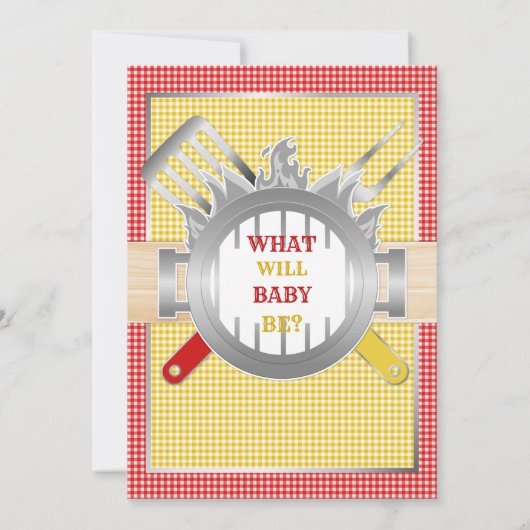 Geslacht onthulling Baby Q BBQ Red Yellow Gingham Kaart (Achterkant)