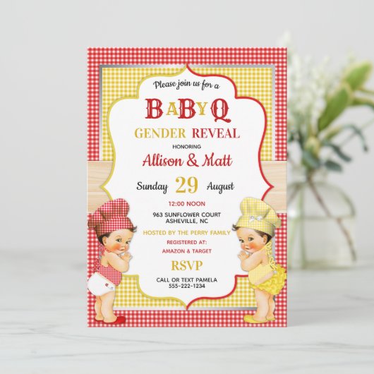 Geslacht onthulling Baby Q BBQ Red Yellow Gingham Kaart (Staand voorkant)