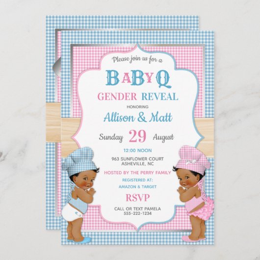 Geslacht onthulling Baby Q BBQ roze Blue Gingham Kaart (Voorkant / Achterkant)
