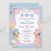 Geslacht onthulling Baby Q BBQ roze Blue Gingham Kaart (Voorkant / Achterkant)