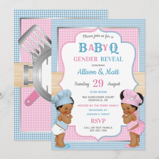Geslacht onthulling Baby Q BBQ roze Blue Gingham Kaart (Voorkant / Achterkant)