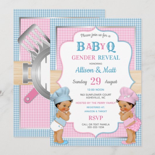 Geslacht onthulling Baby Q BBQ roze Blue Gingham Kaart (Voorkant / Achterkant)