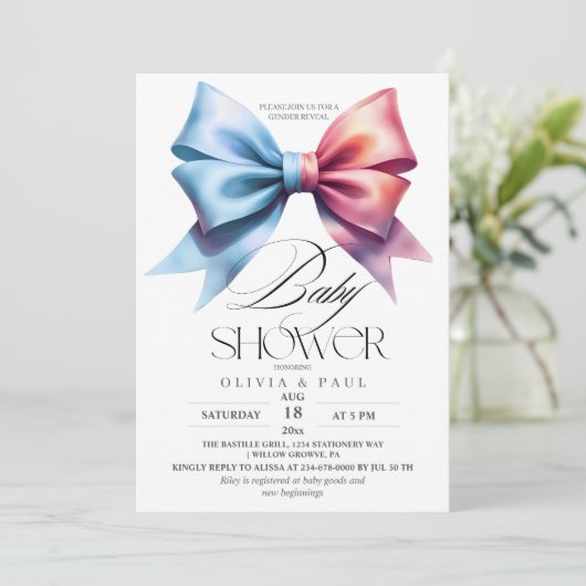 Geslacht onthulling Boog Roze en blauwe Baby Jonge Kaart (Staand voorkant)