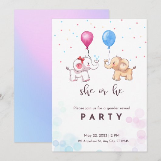 geslacht onthulling feest, jongen of meisje, olifa kaart (Voorkant / Achterkant)