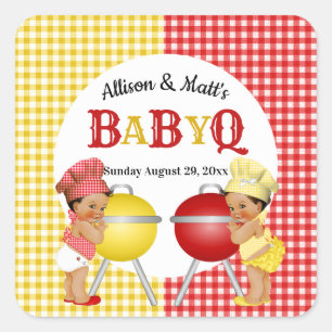 Geslacht onthulling Rood Geel Gingham Baby Q BBQ Vierkante Sticker