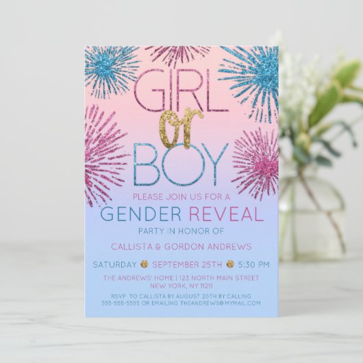 Geslacht Onthulling Roze Blauw Glitter Starburst O Kaart (Staand voorkant)