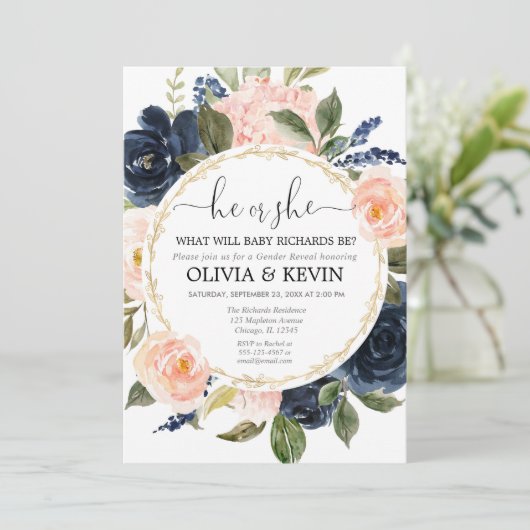 Geslacht onthulling roze blauwe bloemige waterverf kaart (Staand voorkant)