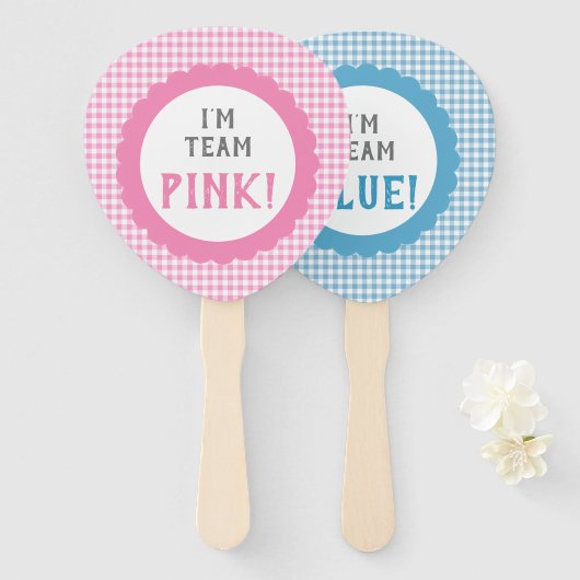 Geslacht onthulling Team Roze of Blauwe Gingham Ch Handwaaier (Voorkant en achterkant)
