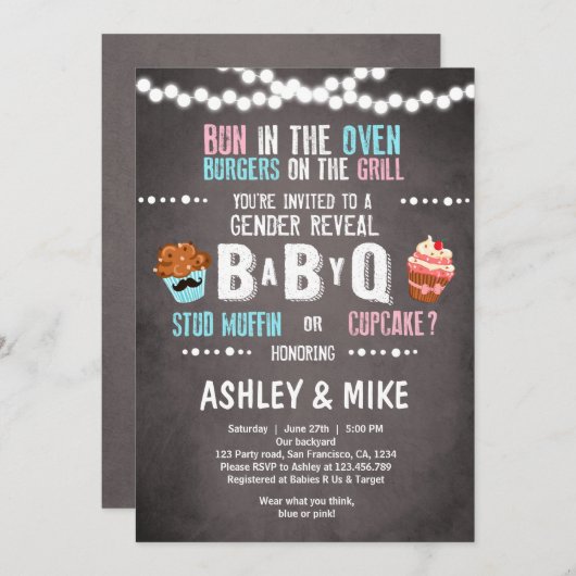 Geslacht Onthulling Uitnodiging BabyQ BBQ Koppels  (Voorkant / Achterkant)