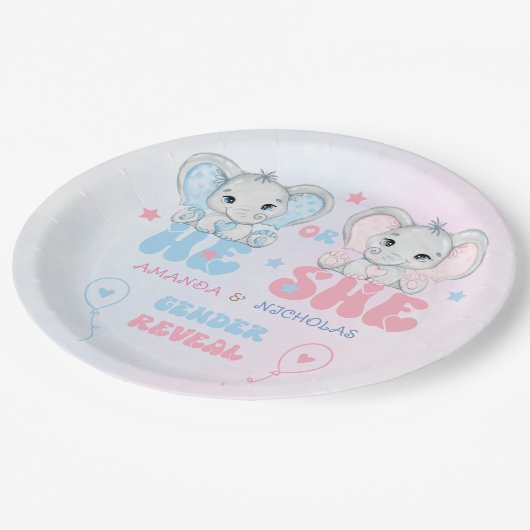 Geslacht onthult roze en blauwe olifant papieren bordje (Gekanteld)