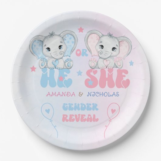 Geslacht onthult roze en blauwe olifant papieren bordje (Voorkant)