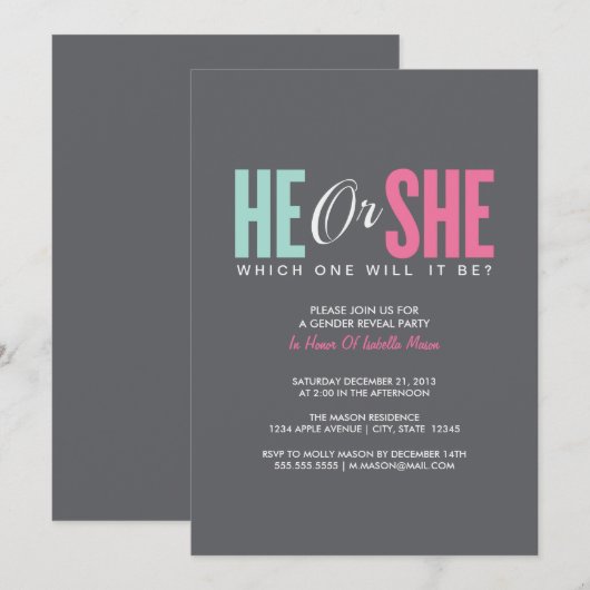 Geslacht openbaar maken | Uitnodiging grijze parti (Voorkant / Achterkant)