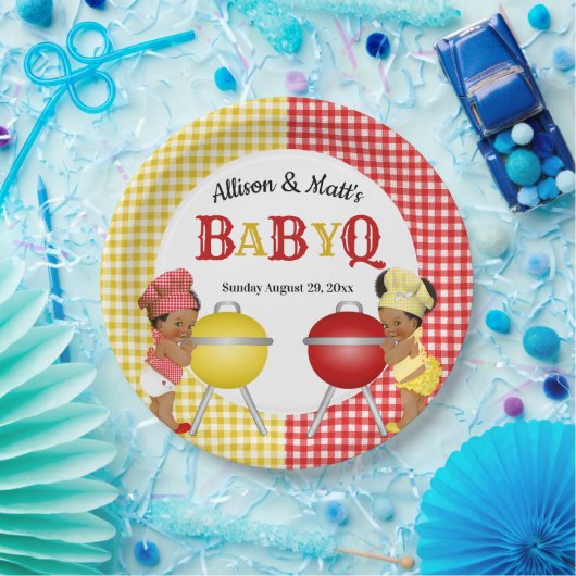 Geslacht Rood Geel Gingham Baby Q BBQ Papieren Bordje (Feest)